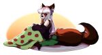  ailurid anthro bedding beverage big_tail blanket blush clothing female hair hazelkisses mammal pillow pink_hair red_panda simple_background smile smiling_at_viewer solo sweater tea topwear white_hair zelena_larkin(character) 