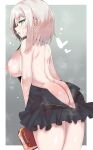  1girl ars_almal ass bangs black_dress blue_eyes blush book breasts breasts_out dress highres large_breasts nijisanji nipples open_mouth short_dress short_hair solo sweat unzipped virtual_youtuber wakura_(gcdan) white_hair zipper 