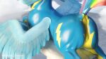  2022 anus_outline butt clopician clothed clothed_feral clothing equid equine feathered_wings feathers feral friendship_is_magic hasbro hi_res mammal multicolored_tail my_little_pony outside pegasus rainbow_dash_(mlp) rainbow_tail smile solo wings 