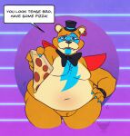  4_fingers animatronic anthro basicbiscuit bedroom_eyes belly black_bowtie blue_eyes bow_tie bracelet brown_body brown_fur clothing dialogue ear_piercing english_text eyebrows fingers five_nights_at_freddy&#039;s five_nights_at_freddy&#039;s:_security_breach food fur glamrock_freddy_(fnaf) hand_on_hip hat headgear headwear hi_res holding_food holding_object holding_pizza jewelry love_handles machine male mammal moobs motion_lines narrowed_eyes navel open_mouth overweight overweight_anthro overweight_male pepperoni_pizza piercing pizza pizza_slice raised_eyebrow robot scottgames seductive solo speech_bubble spiked_bracelet spikes teeth text thick_thighs top_hat ursid video_games 