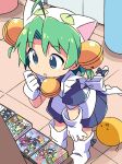  1girl 1other animal_hat apron bell cat_hat cat_tail dejiko di_gi_charat eyes_visible_through_hair gema gloves green_eyes green_hair hair_bell hair_ornament hat highres jingle_bell looking_at_object maid maid_apron manga_(object) open_mouth ribbon roku_no_hito tail tail_ornament tail_ribbon white_gloves 