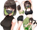  &gt;_&lt; 1girl armpits arms_up ass back bangs black_hair black_mask black_shorts black_sports_bra black_sweater breasts brown_eyes cleavage clothing_cutout colored_inner_hair crab earrings english_commentary eyebrows_visible_through_hair green_hair green_pants green_sports_bra highres jewelry large_breasts looking_at_viewer mask midriff miru_(ormille) mole mole_on_breast mole_on_thigh mole_under_eye mouth_mask multicolored_hair multiple_views navel original ormille pants revision shoes short_hair shorts sitting sleeveless sleeveless_sweater sneakers sports_bra stretch sweater trembling two-tone_hair underboob_cutout upper_body yoga_pants 