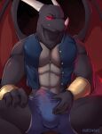  2017 4_fingers akanos anthro balls black_body bodily_fluids bottomwear clothed clothing dragon erection fingers genital_fluids genitals glowing glowing_eyes grin hi_res horn male muscular muscular_anthro muscular_male nude nurinaki partially_clothed penis precum red_sclera smile smirk solo underwear wings wristband 