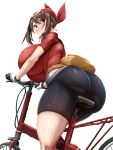  1girl alternate_breast_size ass bandana bicycle bike_shorts blue_eyes blush breasts breath brown_hair dripping fanny_pack from_side gigantic_breasts gloves ground_vehicle highres huge_ass impossible_clothes impossible_shirt impossible_shorts kawahagi-tei leaning_forward looking_at_viewer looking_back may_(pokemon) nose_blush parted_lips pokemon pokemon_(game) pokemon_rse red_bandana reward_available riding riding_bicycle shirt short_hair_with_long_locks short_sleeves sidelocks simple_background skin_tight solo sweat twisted_torso wet wet_clothes white_background 
