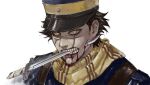  1boy bayonet black_hair blood blood_on_face blue_headwear blue_jacket golden_kamuy guro hat hat_ornament jacket looking_at_viewer male_focus military_hat mrs.yega_(nai0026er) open_mouth portrait scar scar_on_face scarf short_hair simple_background solo stab star_(symbol) star_hat_ornament sugimoto_saichi teeth white_background yellow_eyes yellow_scarf 