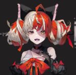  1girl ahoge bandaged_arm bandages bare_shoulders black_bow black_choker blue_eyes bow choker cropped double_bun eyes_visible_through_hair fangs grey_background grey_hair hair_bun heart heart_choker heterochromia highres hololive hololive_indonesia kureiji_ollie large_bow long_hair open_mouth patchwork_skin puffy_sleeves rain_rakan red_bow red_hair simple_background smile solo stab stitches sword symbol-shaped_pupils teeth tongue torn torn_bow torn_clothes upper_body virtual_youtuber weapon x_x yellow_eyes zombie 
