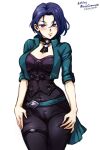  1girl artist_name bangs belt black_pants blue_hair bodice breasts choker cleavage collarbone corset dated fire_emblem fire_emblem:_three_houses green_jacket hair_behind_ear hair_between_eyes hand_on_hip jacket large_breasts looking_at_viewer mina_cream open_clothes open_jacket pants purple_eyes shamir_nevrand short_hair short_sleeves simple_background solo white_background 