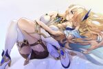  1girl absurdres armor armored_boots armored_dress asymmetrical_legwear bangs bare_shoulders bianka_durandal_ataegina bianka_durandal_ataegina_(palatinus_equinox) blonde_hair blue_eyes boots breasts cleavage full_body hair_ornament hair_over_one_eye highres honkai_(series) honkai_impact_3rd large_breasts looking_at_viewer lying mismatched_legwear on_back thighs tutou_jiang white_legwear 