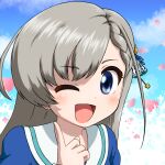  1girl ;d bangs blue_eyes blue_shirt blue_sky braid braided_bangs cloud commentary_request eyebrows_visible_through_hair grey_hair hand_up highres hisakawa_hayate idolmaster idolmaster_cinderella_girls idolmaster_cinderella_girls_starlight_stage index_finger_raised long_hair one_eye_closed petals sailor_collar shirt sky smile solo unadon_(unadoom) upper_body white_sailor_collar 