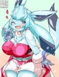  &lt;3 absurd_res anthro big_breasts blue_body blush breasts canid canine clothed clothing eeveelution eringi female fur glaceon hi_res mammal nintendo pok&eacute;mon pok&eacute;mon_(species) smile solo video_games 