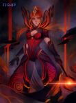  1girl artist_name breasts cape cleavage closed_mouth dress gloves highres holding holding_staff league_of_legends looking_at_viewer lux_(league_of_legends) matilda_fiship medium_breasts ponytail red_eyes red_hair solo staff standing 