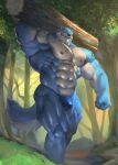  2021 absurd_res anthro barazoku big_muscles black_nipples black_nose blue_body blue_fur bodily_fluids bulge canid canine canis clothed clothing drooling echin forest fur green_eyes hi_res holding_object huge_muscles humanoid_hands jewelry log looking_at_viewer male mammal multicolored_body multicolored_fur muscular muscular_anthro muscular_male necklace nipples outside plant saliva solo sweat tattoo thong topless tree two_tone_body two_tone_fur underwear veiny_muscles walking white_body white_fur wolf wood 