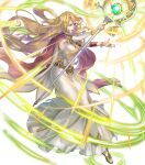  1girl bangs belt blonde_hair breasts cape dress elbow_gloves fire_emblem fire_emblem:_the_blazing_blade fire_emblem_heroes gloves gold_trim green_eyes highres holding long_dress long_hair medium_breasts non-web_source official_art saint_elimine_(fire_emblem) single_glove solo staff transparent_background very_long_hair white_dress 