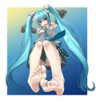  1girl aqua_eyes aqua_hair ass bangs bare_legs bare_shoulders barefoot belt blue_necktie blue_panties breasts commentary eiji_(eiji) eyebrows_visible_through_hair feet foot_focus foreshortening hair_between_eyes hair_ribbon hatsune_miku highres large_breasts long_hair looking_at_viewer nail_polish necktie panties ribbon soles solo tail thighs toenail_polish toenails toes twintails twintails_day underwear vocaloid wide_sleeves 