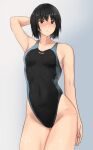  1girl amagami arm_up black_hair black_swimsuit breasts brown_eyes competition_swimsuit cowboy_shot gradient gradient_background grey_background hand_on_own_head highleg highleg_swimsuit highres looking_at_viewer nanasaki_ai one-piece_swimsuit short_hair small_breasts solo swimsuit thick_thighs thighs white_background ykh1028 