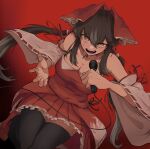  1girl absurdres bangs black_hair black_legwear bow breasts cleavage commentary_request cookie_(touhou) detached_sleeves dress eyebrows_visible_through_hair frilled_bow frilled_dress frills full_body hair_between_eyes hair_bow hakurei_reimu highres holding holding_microphone large_breasts long_hair looking_at_viewer microphone odoro_(nicoseiga81184094) open_mouth red_background red_bow red_ribbon ribbon ribbon-trimmed_sleeves ribbon_trim sleeveless sleeveless_dress solo thighhighs touhou twintails white_sleeves wide_sleeves yellow_eyes yuyusu_(cookie) 