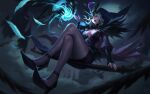  1girl ankle_strap black_footwear black_legwear black_skirt breasts bridal_gauntlets cape center_opening citemer cleavage feather_trim feathers forehead_jewel full_body glowing green_hair hand_up high_heels highres knees_together_feet_apart league_of_legends leblanc_(league_of_legends) looking_at_viewer looking_down makeup mascara mixed-language_commentary official_alternate_costume outdoors pantyhose parted_lips puffy_sleeves ravenborn_leblanc red_eyes red_lips sitting skirt solo staff thighs 