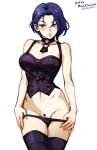  1girl artist_name bangs bare_shoulders belt black_panties blue_hair bodice breasts choker cleavage collarbone corset curvy dated fire_emblem fire_emblem:_three_houses hair_behind_ear hair_between_eyes hand_on_hip large_breasts looking_at_viewer mina_cream navel panties pants partially_undressed pulled_by_self purple_eyes shamir_nevrand short_hair simple_background solo stomach thighhighs thighs underwear white_background 