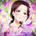  1girl absurdres birthday blush brown_eyes brown_hair character_name collarbone commentary_request dated english_text flower happy_birthday highres inami_anju kougi_hiroshi long_hair looking_at_viewer ponytail portrait real_life smile solo voice_actor 