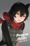  1girl animal_ears armor black_fur black_hair cat_ears cat_girl crandoii dungeon_meshi english_text fangs highres izutsumi leather_armor looking_at_viewer open_mouth red_scarf scarf slit_pupils yellow_eyes 