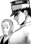  2boys bara closed_mouth facial_hair from_side golden_kamuy greyscale hat large_pectorals looking_at_another male_focus meme military_hat monochrome multiple_boys muscular muscular_male onnomono pectoral_envy_(meme) pectoral_focus pectorals scar scar_on_cheek scar_on_face scar_on_nose shiraishi_yoshitake shirt short_hair sideburns sugimoto_saichi upper_body 