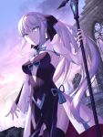  1girl armpits blonde_hair bodysuit braid breasts dutch_angle expressionless fate/grand_order fate_(series) french_braid from_below highres long_hair looking_at_viewer medium_breasts morgan_le_fay_(fate) outdoors platinum_blonde_hair ruins shaded_face solo staff tamitami thighhighs thighs 