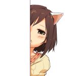  1girl :&lt; animal_ears bangs brown_hair cat_ears cat_girl closed_eyes closed_mouth collarbone commentary eyebrows forehead green_eyes hiding idolmaster idolmaster_cinderella_girls ito_(itokayu) light_blush looking_back maekawa_miku parted_bangs simple_background solo sweater upper_body white_background 