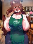  2021 alternate_version_at_source anthro areola areola_slip big_breasts biped blurred_background blush bodily_fluids bovid bovine breasts brown_eyes brown_hair cattle clothing ear_piercing ear_ring english_text female green_apron hair hi_res holding_object holding_pen horn huge_breasts lactating lactating_through_clothing looking_at_viewer mammal meme milk pen piercing pinklop smile solo text wet wet_clothing 