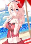  1girl alternate_costume azur_lane beach blonde_hair blue_eyes breasts cloud commentary_request flower hair_flower hair_ornament hairband leander_(azur_lane) long_hair looking_at_viewer navel retrofit_(azur_lane) solo swimsuit umbrella umidemi 