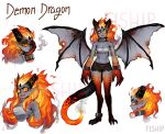  1girl abs absurdres angry animal_hands annoyed arms_at_sides artist_name black_shorts breasts character_sheet claws cleavage collar colored_sclera colored_skin cracked_skin cuffs demon_girl dragon_girl dragon_wings english_commentary eyebrows fiery_hair grey_skin head_rest highres horns long_hair matilda_fiship monster_girl multiple_views navel one_eye_closed open_mouth original pointy_ears red_eyes sarashi scales scar sharp_teeth short_shorts shorts sideways_glance simple_background smoke spread_wings standing tail teeth torn_wings watermark white_background wings yellow_sclera 