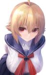  1girl ahoge arms_behind_back bangs blazblue blonde_hair braid breasts closed_mouth es_(xblaze) eyebrows_visible_through_hair frills hair_between_eyes huge_ahoge kaeru_(meriruou) large_breasts leaning_forward long_hair long_sleeves oppai_loli orange_eyes school_uniform serafuku simple_background skirt solo white_background xblaze 