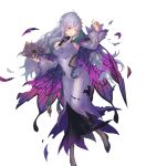  1girl alternate_costume bangs bare_shoulders breasts cape deirdre_(fire_emblem) detached_collar dress fire_emblem fire_emblem:_genealogy_of_the_holy_war fire_emblem_heroes full_body gradient gradient_clothes hair_ornament highres long_dress medium_breasts non-web_source official_art purple_dress purple_eyes purple_hair shiny shiny_hair transparent_background 