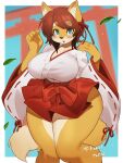  2022 5_fingers anthro asian_clothing big_breasts blue_eyes blush bottomwear breasts brown_hair canid canine clothed clothing cute_fangs dipstick_tail east_asian_clothing female fingers fox fur hair hakama hi_res japanese_clothing japanese_text kaeritai07 kemono leaf looking_at_viewer mammal markings miko_outfit multicolored_body multicolored_fur multicolored_tail open_mouth orange_body orange_fur portrait shrine_maiden solo tail_markings text thick_thighs three-quarter_portrait torii translation_request two_tone_body two_tone_fur white_body white_fur wide_hips 