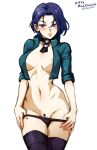  1girl areola_slip areolae artist_name bangs bare_shoulders belt black_panties blue_hair breasts choker cleavage collarbone curvy dated fire_emblem fire_emblem:_three_houses green_jacket hair_behind_ear hair_between_eyes hand_on_hip jacket large_breasts looking_at_viewer mina_cream navel nipple_slip nipples open_clothes open_jacket panties pants partially_undressed pulled_by_self purple_eyes shamir_nevrand short_hair simple_background solo stomach thighhighs thighs underwear white_background 