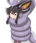  1girl anchor_symbol arbok bangs black_hair blush bound commentary_request constriction crossover fang gradient_hair grey_hair hair_between_eyes kantai_collection konokiya multicolored_hair parted_lips pokemon pokemon_(creature) purple_eyes shadow short_hair_with_long_locks simple_background skin_fang standing sweat tears tokitsukaze_(kancolle) tongue white_background 