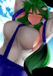  1girl armpits arms_up bangs blue_sky blush breasts closed_mouth day detached_sleeves frog_hair_ornament green_hair hair_ornament highres kochiya_sanae large_breasts long_hair long_sleeves looking_at_viewer mizuga nontraditional_miko outdoors sideboob sky snake_hair_ornament solo standing sweat sweatdrop symbol-only_commentary touhou yellow_eyes 