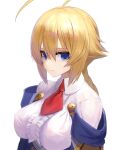  1girl ahoge bangs belt black_legwear blazblue blazblue:_central_fiction blonde_hair blue_eyes braid braided_ponytail breasts buttons center_frills closed_mouth es_(xblaze) expressionless frills hair_between_eyes huge_ahoge kaeru_(meriruou) large_breasts looking_at_viewer looking_to_the_side necktie oppai_loli petticoat red_necktie simple_background single_braid solo upper_body white_background xblaze 