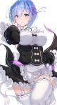  1girl absurdres blue_eyes blue_hair blush breasts feet garter_straps hair_ornament hairclip highres large_breasts looking_at_viewer meen_(ouaughikepdvrsf) parted_lips re:zero_kara_hajimeru_isekai_seikatsu rem_(re:zero) ribbon roswaal_mansion_maid_uniform simple_background solo thighhighs white_background 