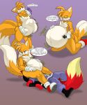  abdominal_bulge absurd_res after_vore anthro archie_comics belly big_belly canid canine dialogue duo english_text facesitting female fiona_fox fox foxynoms hi_res male male/female mammal miles_prower oral_vore same_size_vore sega sonic_the_hedgehog_(archie) sonic_the_hedgehog_(comics) sonic_the_hedgehog_(series) speech_bubble text vore 