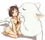  1girl :3 :d animal animal_ears bangs bare_legs barefoot between_legs breasts brown_hair cat cat_ears cat_girl cat_tail closed_eyes collarbone commentary_request dress eyebrows_behind_hair fang feet full_body green_eyes hand_between_legs hug idolmaster idolmaster_cinderella_girls ito_(itokayu) licking long_sleeves lying maekawa_miku on_side one_eye_closed open_mouth oversized_animal parted_bangs seiza shadow short_hair simple_background sitting smile solo sweater sweater_dress tail tongue tongue_out white_background 