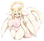  1girl :3 absurdres blonde_hair breasts closed_mouth commentary completely_nude english_commentary eyebrows_visible_through_hair hair_between_eyes hand_on_hip highres horns huge_breasts long_hair looking_at_viewer monster_girl navel nipples nude original red_eyes simple_background slugbox smile solo tail white_background wings 