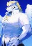  1boy animal_ears bara bdsm blonde_hair blue_eyes blue_fur blush bondage bondage_under_clothes bound bracelet chain cloud cloudy_sky collar collared_shirt cowboy_shot earrings fenrir_(housamo) fingernails from_side furry furry_male hozu_(hozumi) jewelry large_pectorals male_focus mohawk muscular muscular_male pectorals rope sharp_fingernails shirt sky solo spiked_collar spikes thick_eyebrows tokyo_afterschool_summoners two-tone_fur white_fur wolf_boy wolf_ears 