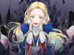  blonde_hair braid breasts despair dororon1 fingerless_gloves gloves green_eyes hands_on_own_cheeks hands_on_own_face jewelry long_hair open_mouth princess_zelda ring small_breasts the_legend_of_zelda the_legend_of_zelda:_breath_of_the_wild triforce upper_body 