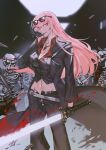  absurdres baseball_bat belt blood breasts cleavage formal gloves highres hololive hololive_english jacket katana leather leather_gloves looking_at_viewer mori_calliope navel pink_hair red_eyes set7 suit sunglasses sword vest virtual_youtuber weapon white_belt 