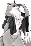  2019 anthro areola big_tail black_and_white black_ears black_eyes breasts canid canine female fox fur gloves_(marking) handkerchief hi_res kerchief lisitsa mammal markings monochrome neck_tuft nipples nude pubes retro russian shawl smile solo soviet_cartoon soyuzmultfilm teremok tuft white_body white_fur wide_hips wrap 