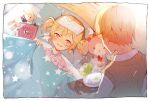  bed blonde_hair brother_and_sister highres lying manami_(aph-23) on_back pink_eyes porridge project_sekai siblings sick smile stuffed_toy tenma_saki tenma_tsukasa twintails 