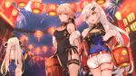  3girls back bangs bare_shoulders belt black_dress blonde_hair blue_dress bow breasts china_dress chinese_clothes chinese_lantern_(plant) chinese_new_year cleavage closed_mouth dress eyebrows_visible_through_hair feet_out_of_frame fireworks food fur fur-trimmed_jacket fur_trim girls&#039;_frontline grey_eyes hair_bow hair_ornament hairclip highres holding holding_case holding_food holding_lantern jacket jacket_pull lantern long_hair looking_at_another medium_breasts multiple_girls muteppona_hito official_alternate_costume open_clothes open_jacket open_mouth ots-14_(girls&#039;_frontline) ots-14_(sangria_succulent)_(girls&#039;_frontline) red_jacket shorts silver_hair smile standing svd_(camellia&#039;s_vigil)_(girls&#039;_frontline) svd_(girls&#039;_frontline) white_shorts yellow_eyes 