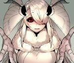  1girl arthropod_girl black_sclera blush breasts colored_sclera colored_skin commission embarrassed fewer_digits fur_collar grey_kimono hair_over_one_eye indie_virtual_youtuber japanese_clothes kimono large_breasts looking_at_viewer moth_girl moth_wings one_eye_covered open_mouth reaching_out red_eyes shina_tsukishiro skeb_commission solo solopipb upper_body white_skin wide-eyed wings 