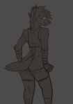  abs aleks_(toothandscale) anthro arm_wraps athletic athletic_anthro athletic_female butt clothing digital_media_(artwork) female from_behind_position grey_background hi_res hyaenid looking_at_viewer looking_back looking_back_at_viewer mammal punk_hair removing_pants sex simple_background sketch solo squigor standing thumb_in_waistband tomboy undressing wraps 