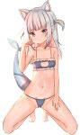  1girl absurdres animal_ear_fluff animal_ears bangs barefoot blue_bra blue_eyes blue_hair blue_panties blunt_bangs blush bra breasts cat_cutout cat_ears cat_lingerie cleavage_cutout clothing_cutout collarbone eyebrows_visible_through_hair fish_tail frilled_bra frills gawr_gura hair_ornament hand_on_own_thigh highres hololive hololive_english kneeling looking_at_viewer medium_hair meme_attire multicolored_hair navel panties paw_pose ray_peng shark_girl shark_hair_ornament shark_tail sidelocks silver_hair simple_background small_breasts solo stomach streaked_hair tail two_side_up underwear underwear_only virtual_youtuber white_background 